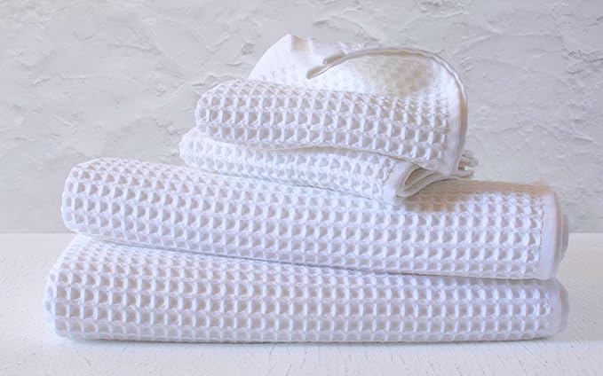 PÜSKÜL - Premium Waffle Towel Set 4 Pieces White - Organic 100% Turkish Cotton Quick-Dry Towels for Bathroom Made in Turkiye (White, Towel Set - 2 Hand & 2 Bath Towels)