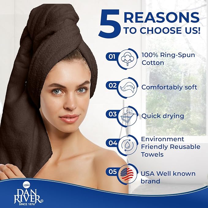 DAN RIVER 8 PC Luxury Bath Towels for Bathroom, 2 Bath, 2 Hand, and 4 Wash Cloths, 600 GSM 100% Ring Spun Cotton Towel Set, Highly Absorbent, Gym, Hotel, and Spa, Brown