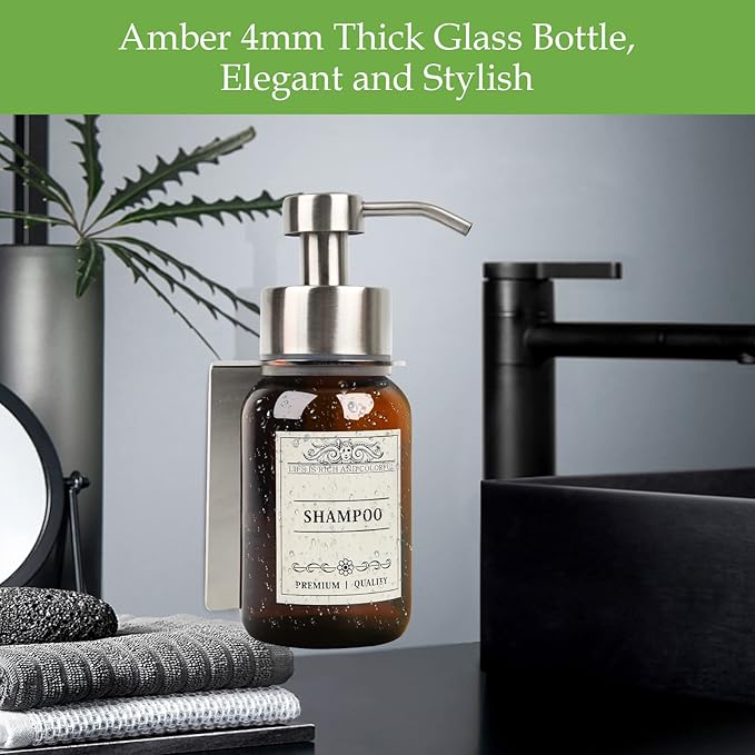 Glass Soap Dispenser with Pump and Wall Mount Holder,8.5 Oz Shampoo and Conditioner Dispenser,Dish Soap Dispenser with Waterproof Labels,2 Pack|Silver