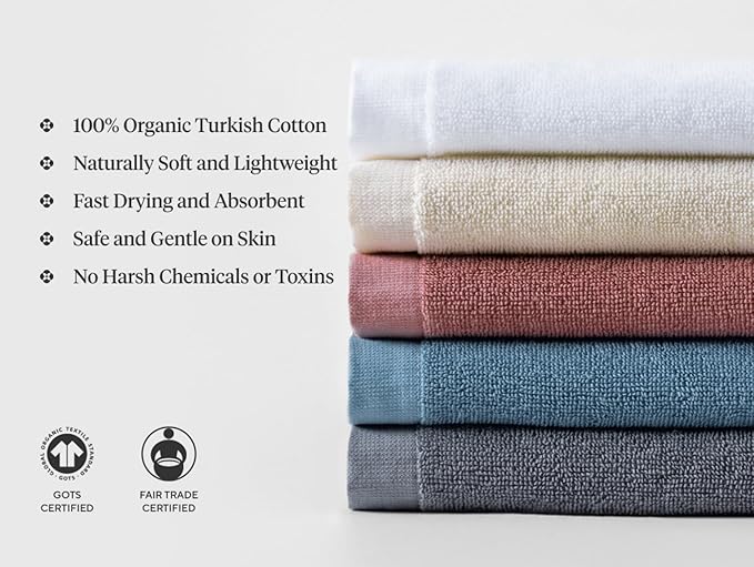 Coyuchi Classic Organic Cotton Terry Bath Towels, Minimalist 4-Piece Towel Set, Undyed, Quick-Dry, Highly Absorbent, Soft, Lightweight, 100% GOTS Certified, 2 Hand Towel, and 2 Bath Towel