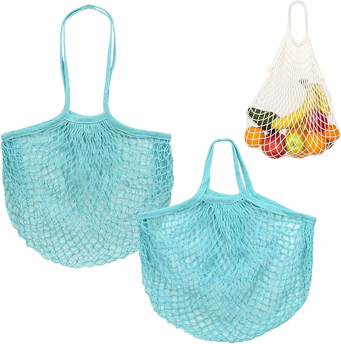 2-Pack Cotton Mesh Bag, Reusable Washable Mesh Net String Grocery Bags, Reusable Produce Bags with Handle, Net Tote Bag for Fruits Shopping [Blue-Green, Long&Short Handle]