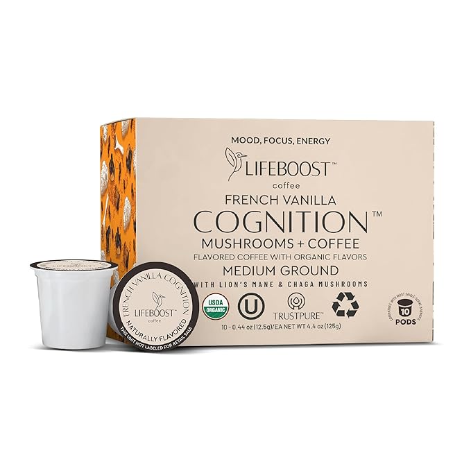 Lifeboost French Vanilla Cognition Mushroom Coffee Pods - Low Acid Organic K-Cups with Lion’s Mane & Chaga Nootropic Mushrooms for Focus, Energy & Immune Support - 10 Count