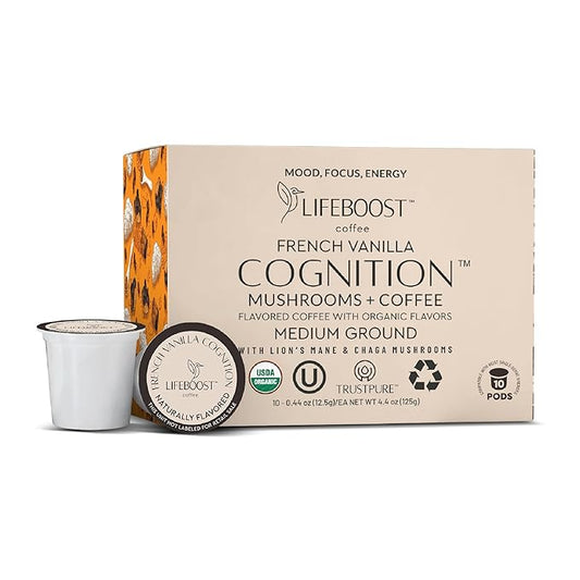 Lifeboost French Vanilla Cognition Mushroom Coffee Pods - Low Acid Organic K-Cups with Lion’s Mane & Chaga Nootropic Mushrooms for Focus, Energy & Immune Support - 10 Count