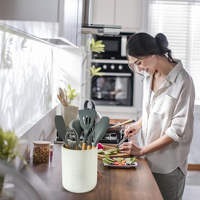 HASENSE Large Utensil Holder, 7.4" x 6.2" Ceramic Utensil Holder for Kitchen Counter, Utensil Oganizer for Utensil Set, Farmhouse Cooking Utensil Crock for Kitchen Decor, Clay-Infused White