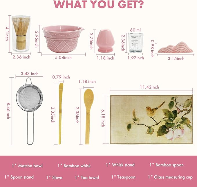 Matcha Whisk Set,9 Pcs Matcha Set with Matcha Bowl,Spout, Bamboo Whisk, Spoon Stand, Scoop, Sifter, Towel, Teaspoon and Glass Measuring Cup for Making Breakfast/Latte, Gift for Matcha Lover, Pink