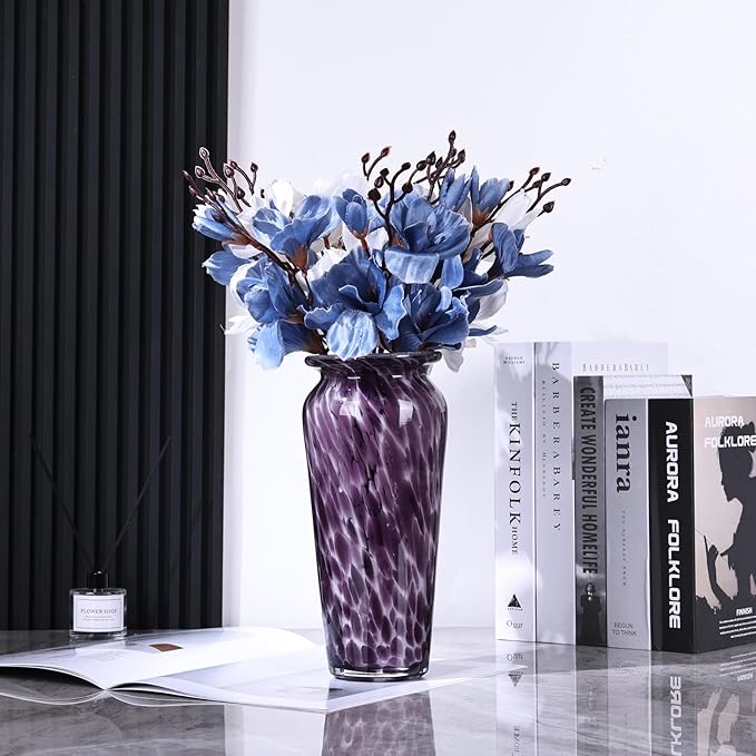 Blown Glass Purple vase, Purple Home Decorations, Modern Art Wide Mouth vase for Living Room Dining Table Coffee Table entryway TV Cabinet nightstand Centerpiece.
