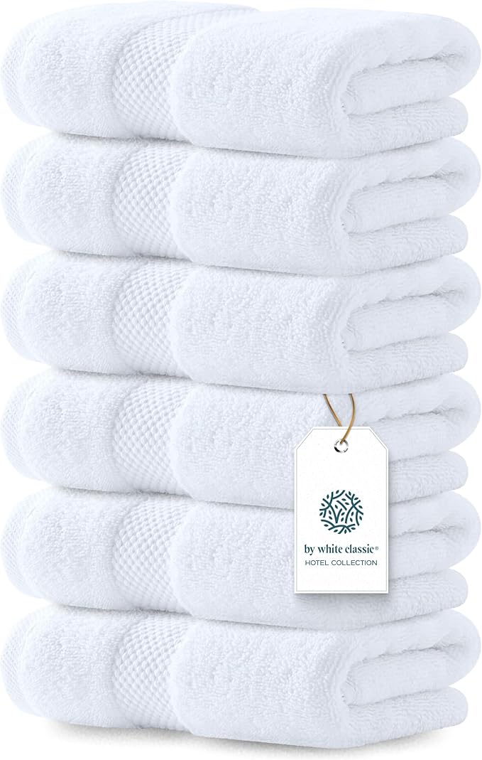 Luxury White Hand Towels - Soft 100% Turkish Cotton | Highly Absorbent Hotel spa Bathroom Towel Collection | 16x30 Inch | Set of 6
