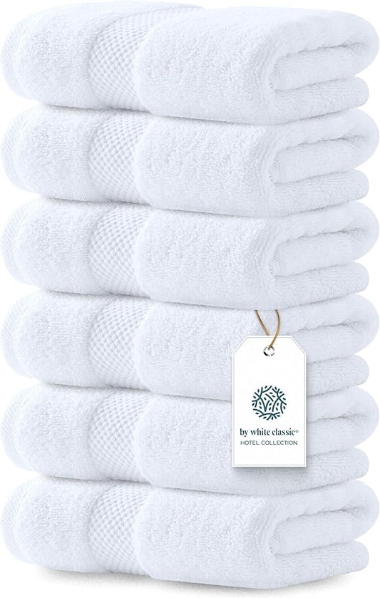 Luxury White Hand Towels - Soft 100% Turkish Cotton | Highly Absorbent Hotel spa Bathroom Towel Collection | 16x30 Inch | Set of 6