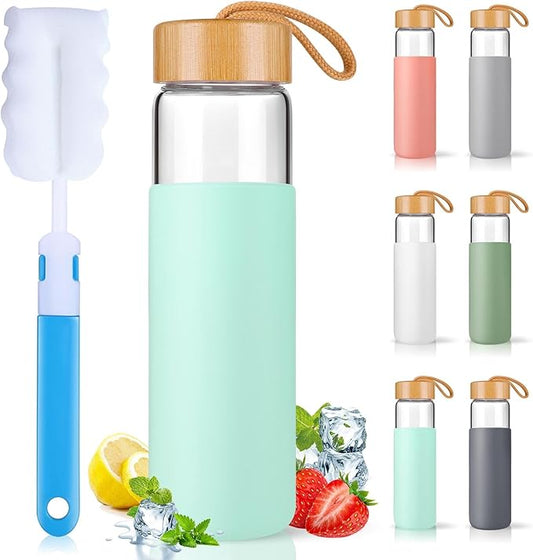 Borosilicate Glass Water Bottles with Silicone Sleeve BPA Free, Dishwasher Safe - Reusable Clear Glass Drinking with Leak Proof Bamboo Lid (Pure Blue, 25 Ounces)