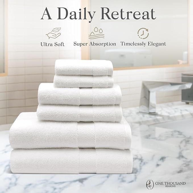 Premium Staple Cotton Bathroom Towel Set - White 600 GSM 6-Piece Luxury Bath Towel Set 1 Stripe - 2 Bath Towels, 2 Hand Towels & 2 Washclothes Set - High Absorbent & Quick Dry for Gym, Spa, Hotel