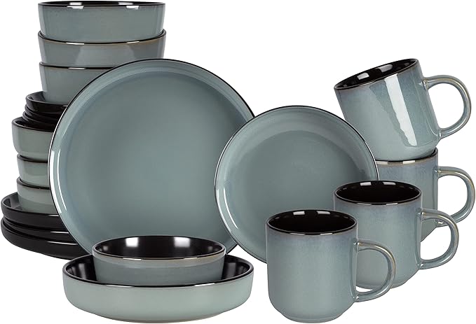 HomeVSS 20-Piece Dinnerware Set - Serves 4, Reactive Glaze Green Plates & Bowls Set | Microwave & Dishwasher Safe Dishes Set