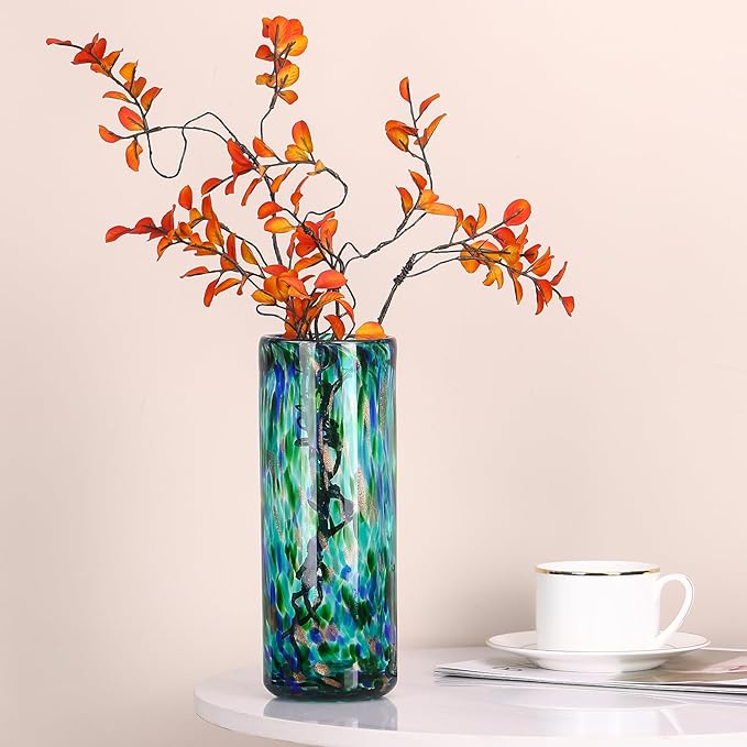 9.45" Tall Teal Vase Hand Blown Glass Vase Green, Modern Teal Home Centerpieces Wide Mouth Vases for Bud&Flower Decor - Ideal Living Room, Kitchen, Wedding, Dining Table, Office Center Table