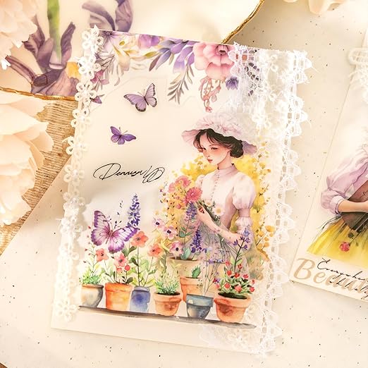 Garden and Girl PET Tape Set, 4 Rolls Pre-Cut Adhesive Tapes for Scrapbooking, Journaling, DIY Crafts, and Art Supplies