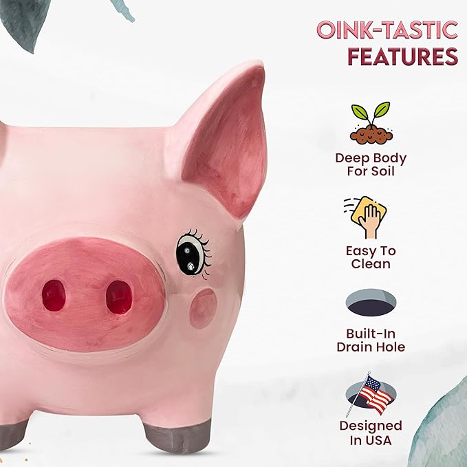 Pig Planter Pot - Boar Utensil Holder Party Accessories - Flower Succulent Plant Pot - Indoor Outdoor Garden Backyard Patio Pig Theme Ceramic