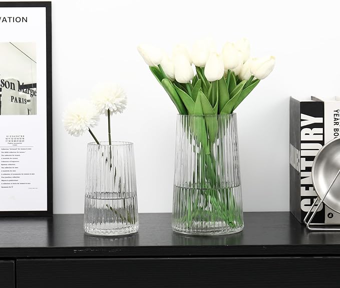 Ribbed Flower Vases Set of 2, Clear Vases for Flowers, Flower Vase for Bouquet, Modern Ribbed Glass Vase for Living Room, Bedroom, Dining Table, Office, Wedding, Centerpieces