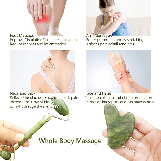 Jade Roller & Gua Sha Set，facial roller，Jade Roller Gua Sha Board Massage Tool Set，Facial Skin Care Roller Massager Muscle Relaxing Wrinkles Relief, Whole Body Relive Devices (green)