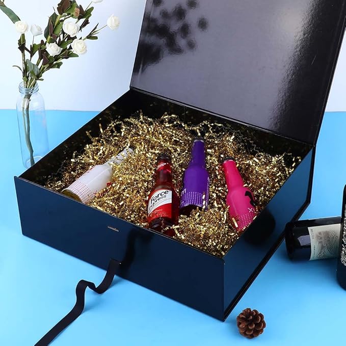 Extra Large Black Gift Box 16x14x5.3 Inches, Big Gift Box with Ribbon, Gift Box with Lid Magnetic Closure, Groomsman Proposal Box, Rectangle Collapsible Gift Boxes for Clothes (Glossy Black)