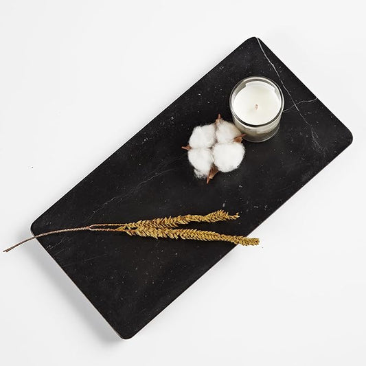 Black Marble Tray for Bathroom, Organic Natural Texture Catchall Tray for Dresser, 12 x 6 x 0.75 Inch Rectangle Elegant Jewelry Storage Platter, Marble Countertop Organizer for Home Decor