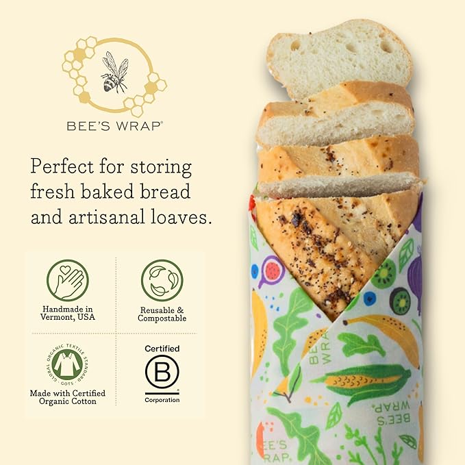 Bee's Wrap Beeswax Wraps for Food - Bread Wrap - Made in USA Reusable Bread Storage Bags - Organic & Eco-Friendly Alternative to Aluminum Foil, Sourdough Bags & Plastic Wrap, Garden Party