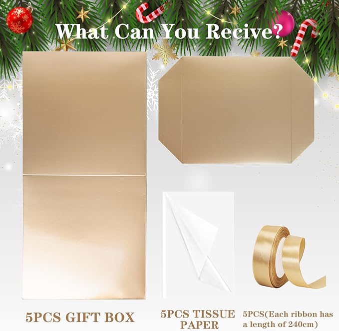 Jaywayang 5 Pack Gold Gift Boxes with Lids, Ribbons and Tissue Papers Square Gift Boxes - 7.1 Inch - Christmas Presents Wrapping Hanukkah Decoration Party Favor Boxes.