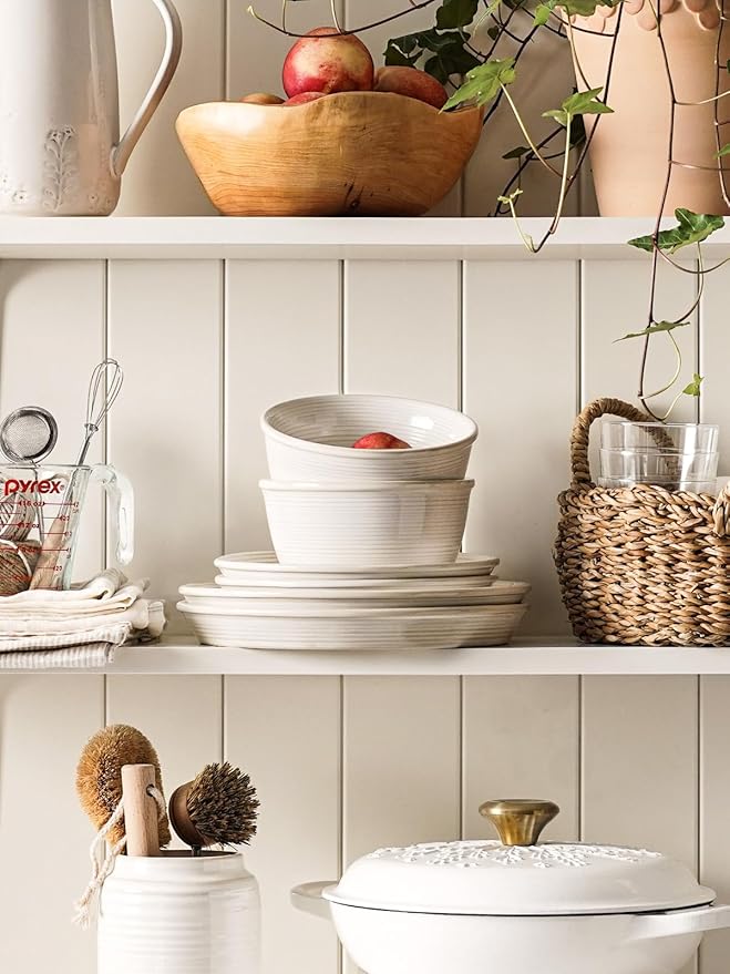 LE TAUCI Dishes Set for 4, Stoneware Plates and Bowls Set, Farmhouse Ceramic Dinnerware, Microwave & Dishwasher Safe, Stackable,12-Piece, Arctic White (10" Dinner+8" Salad Plates+6" Bowls)