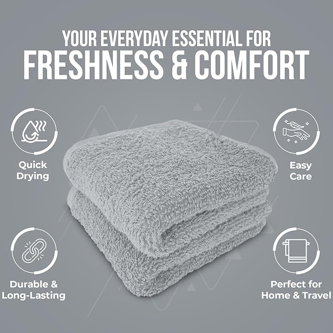 DAN RIVER 100% Cotton Wash Cloths 24 Pack [12x12] Soft & Absorbent Terry Cloth washcloths, Gym, Hotels & Spa Perfect for Everyday Use Fingertip Towels, Silver