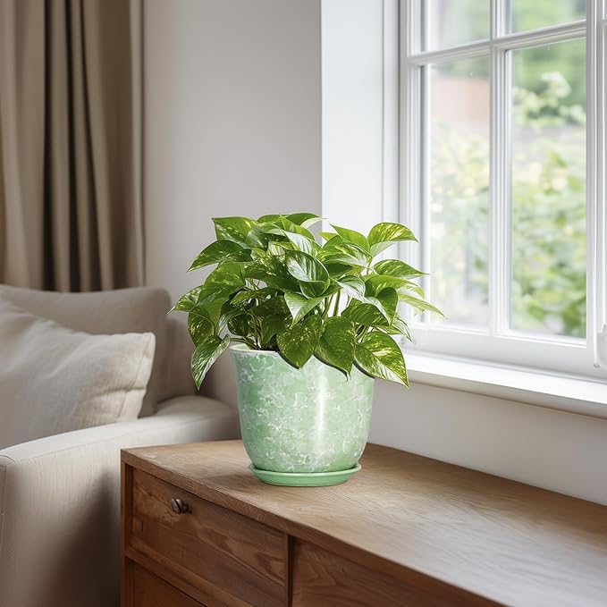 Ceramic Plant Pots - 5.6 Inch Plant Pot with Drainage Hole and Saucer, Round Orchid Succulent Pots for Indoor Outdoor, Small Modern Planter, Desk Window Room Decor, Green