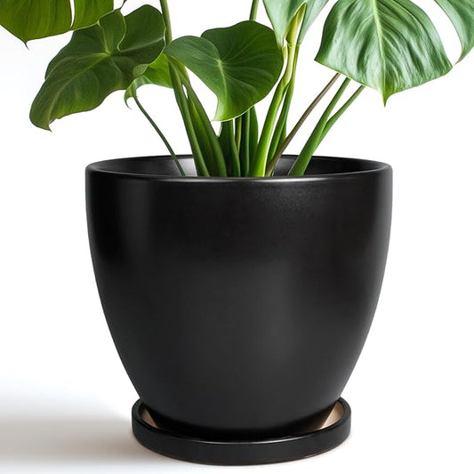 8 Inch Plant Pot - Ceraimc Planter for Indoor Outdoor Plants, Round Flower Pots with Drainage and Tray, House Decor, Black