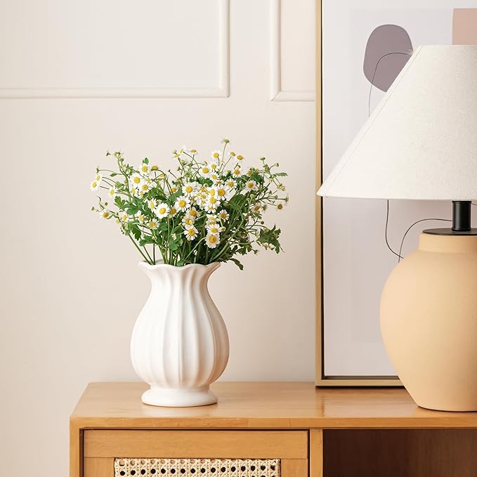 White Ceramic Vase, 7.6 Inch Flower Vase Home Decor Modern Decorative Vases for Bouquet, Unique Vases for Farmhouse Living Room Cabinet Table Centerpieces Wedding Decorations