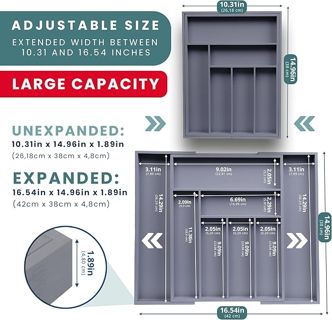Sben Expandable Drawer Organizer for Utensils Holder, Adjustable Cutlery Tray, Wood Drawer Dividers Organizer for Silverware, Flatware, Knives for Kitchen (Gray)