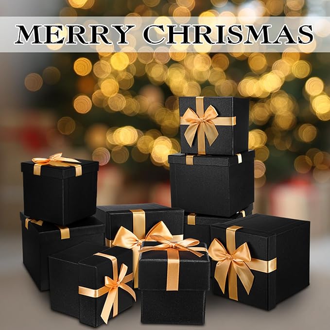 Tenceur 10 Pcs Gift Boxes with Lids Heavy Duty Nested Assorted Sizes Cardboard Gift Boxes for Presents with Ribbon for Xmas Holiday Present(Black, Gold,10 Size)