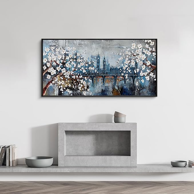 KLAKLA Large Wall Art for Living Room City Scenes - Black Frame Large Abstract Wall Decor Bedroom Office Landscape Plum Blossom Picture Artwork for wall Modern Home Decoration