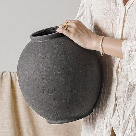 Ceramic Rustic Vase, 10.8 Inch Farmhouse Minimalist Tall Flower Vase for Table, Living Room, Home Decor, Bathroom, Holiday, Wedding, Set of 1, Sandstone Black