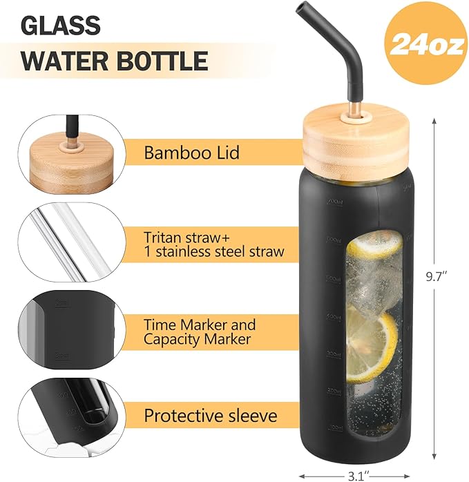 24oz Glass Water Bottle with Straw and 2 Lids-Bamboo and Spout Lid, Borosilicate Glass Water Bottle with Silicone Sleeve and Time Marker,BPA Free & Cupholder Friendly,Black