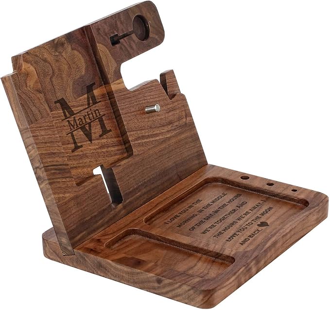 Custom Engraved Desk Organizer - Personalized Gift for Son - Wooden Docking Station, Nightstand Docking Station, Charge Station, Phone Stand, Watch, Glasses, Key, Birthday Graduation Gift (Ebony)