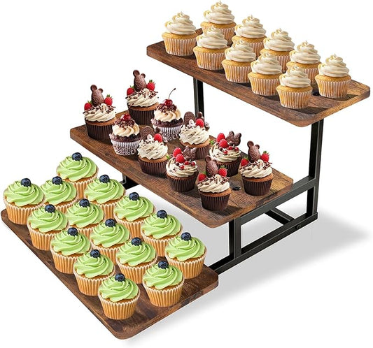 3 Tier Cupcake Stand for 50 Cupcakes,Wood Metal Riser Dessert Table Display Stand,Rustic Stepped Cupcake Ladder Tiered Tray Stand for Party Farmhouse Wedding Birthday Graduation