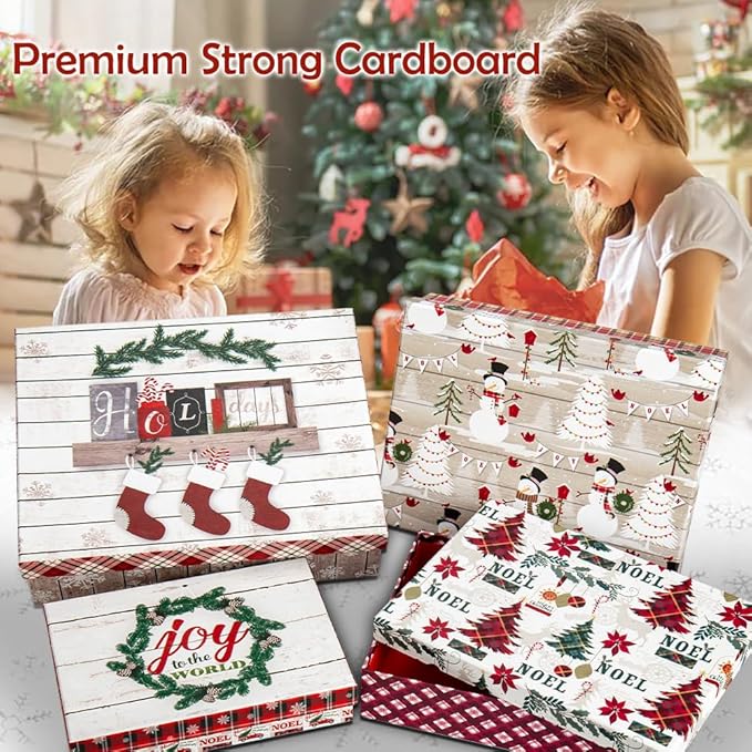 Christmas Gift Boxes with Lids for Presents Set of 4 Gift Boxes Bulk White in Assorted Designs Wrapping Robe Boxes Large White Red and Green Xmas Gift Boxes for Christmas Birthdays Wedding Wrap Gifts