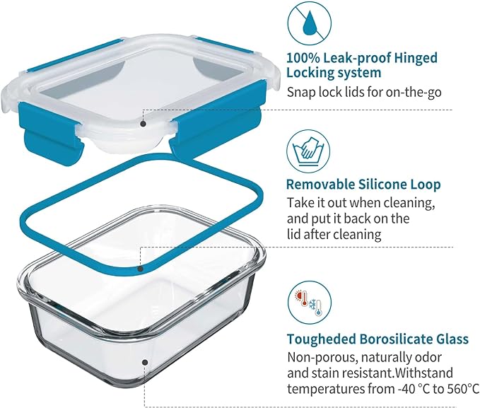 GENICOOK 9-Pack Glass Food Storage Containers with Airtight Lids-Glass Meal Prep Containers/Bento Box/Microwave Freezer Dishwasher Safe-Glass Lunch Box for Kitchen,Stackable,Large Capacity, BPA Free