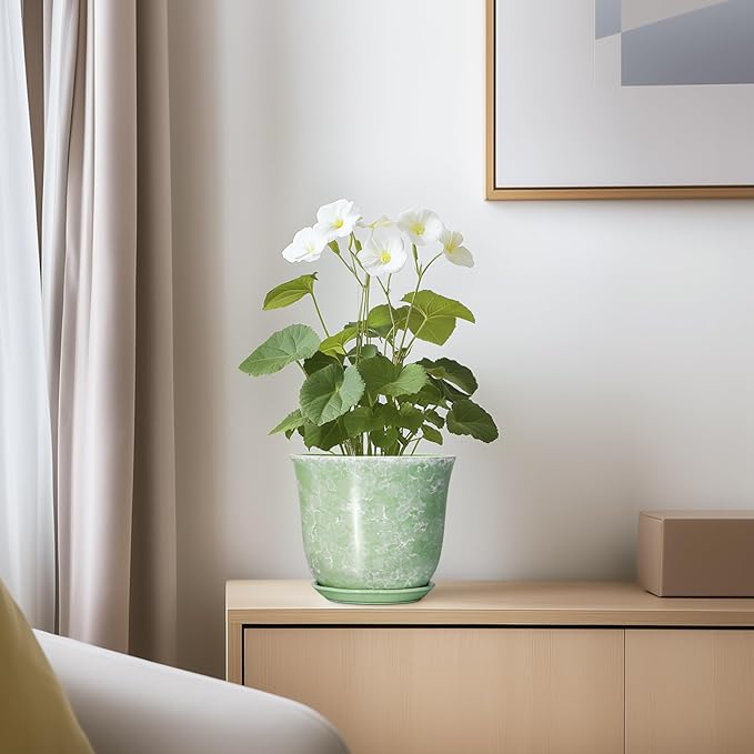 Ceramic Plant Pots - 5.6 Inch Plant Pot with Drainage Hole and Saucer, Round Orchid Succulent Pots for Indoor Outdoor, Small Modern Planter, Desk Window Room Decor, Green