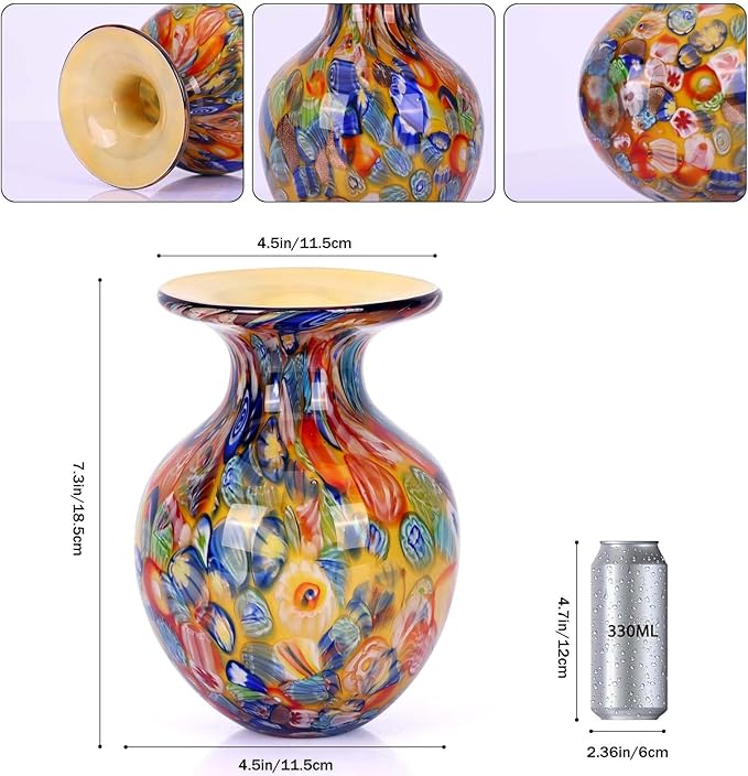 Hand Blown Glass vase, Colourful Glass Decorative vase, Glass Art vase for Bookshelf Coffee Table Floor Mantle Entry Table top TV Cabinet and Dining Table Centerpiece Decorative Flower vase. (Orange)