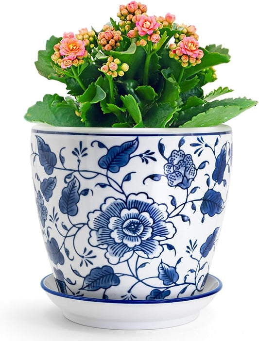8 inch Ceramic Planters for Indoor Plants, Chinoiserie Decor Ceramic Pots for Plants Flower Plant Pots Indoor with Drainage and Saucer, Blue and White