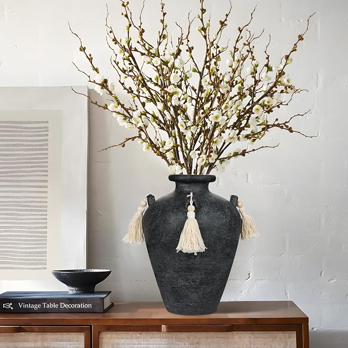 9.4" Large Black Ceramic Vase for Centerpieces - Rustic Farmhouse Vase with 4 Ears & Tassels, Terracotta Vintage Flower Vases for Table, Desk, Living Room, Bedroom, Entryway, Holiday & Weddings Decor