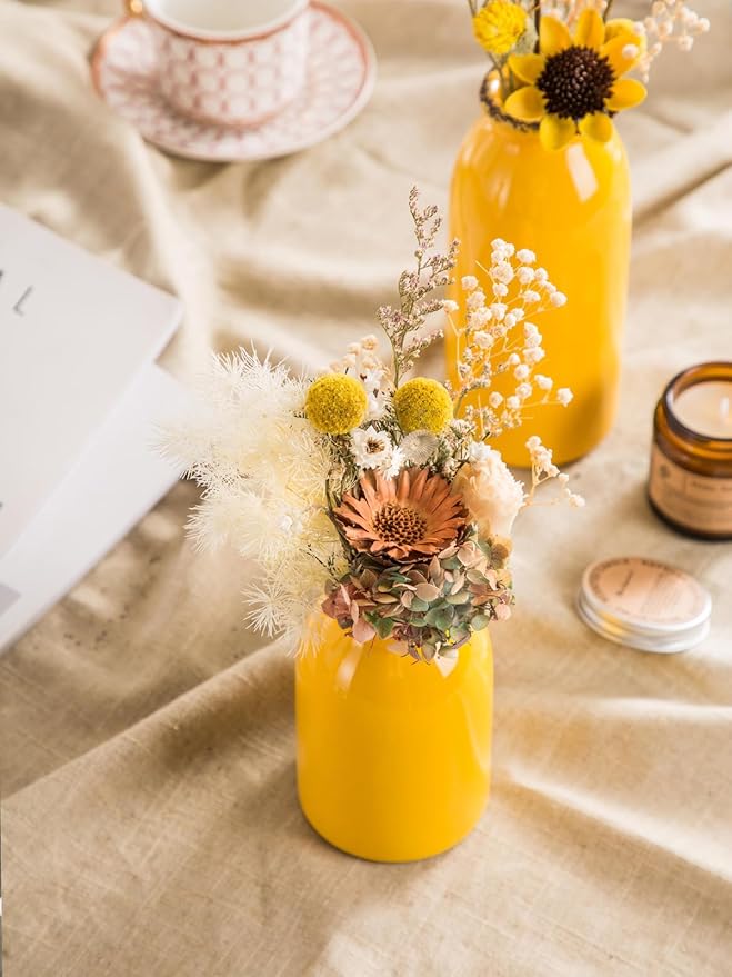 CWLWGO-Ceramic Yellow Vase Set of 3, Home Decorative Vases,Modern Farmhouse Decoration, Living Room Accents & Dining Table Centerpieces,Idea Bookshelf Décor, Mantel and Entrance Decorative.