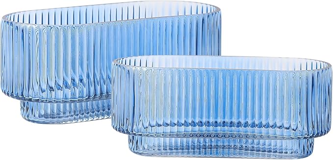 Ribbed Glass Vases, Small Vases for Flowers Set of 2, Blue Glass Vases, Vases for Centerpieces, Bud Vases, Rectangle Vases for Living Room, Bedroom, Kitchen, Dining Table, Shelf, Wedding