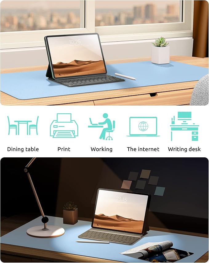 YSAGi Leather Desk Protector, Office Mat, Large Mouse Mat, Non-Slip PU Leather Blotter, Laptop Pad, Waterproof Writing Pad for Office and Home (Baby Blue, 23.6" x 13.8")