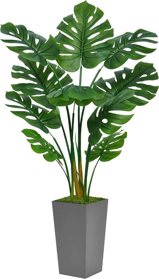 Artificial Monstera Deliciosa Plant 5FT - Faux Tropical Palm Tree with Gray Tall Planter - Fake Swiss Cheese Floor Plant Potted - Artificial Tree for Home Office Living Room Decor Indoor