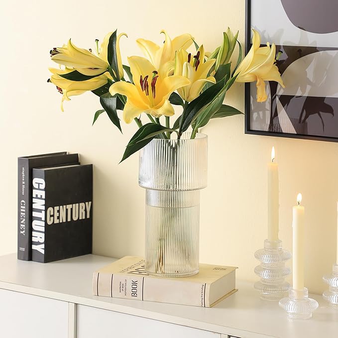 Large Glass Vase, 12 Inches Tall Vase for Flowers, Flower Vases for Bouquet, Modern Ribbed Glass Vases for Living Room, Dining Table, Office, Entryway, Mantle, Shelf, Wedding Gifts