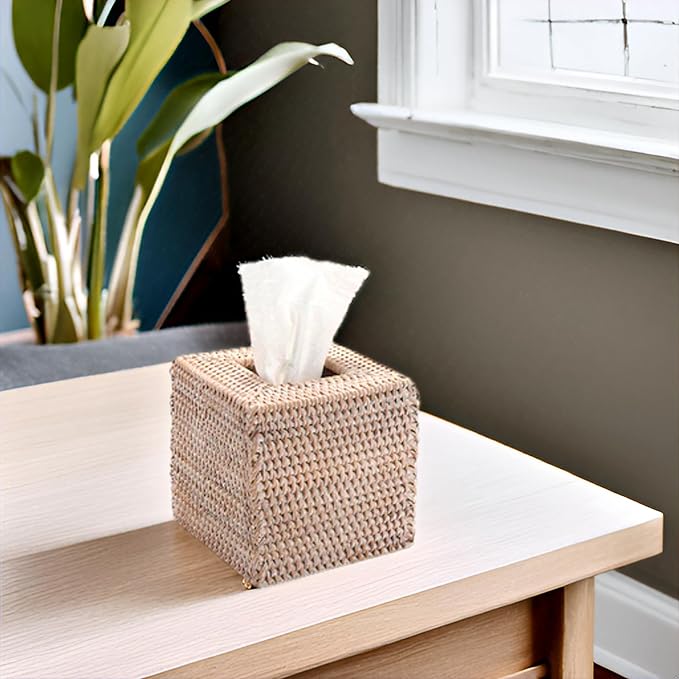 Rattan Tissue Box Cover Square, Wicker Tissue Box Holder, Decorative Woven Facial Tissue Holder for Bathroom, Kitchen, Living Room, Bedroom (Whitewash)