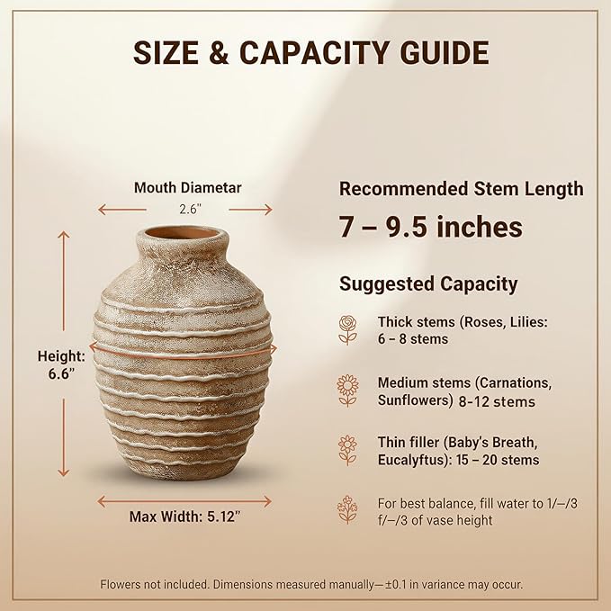 6.6-Inch Terracotta Ceramic Flower Vase, Rustic Farmhouse Boho Pottery Centerpiece for Table, Living Room & Shelf