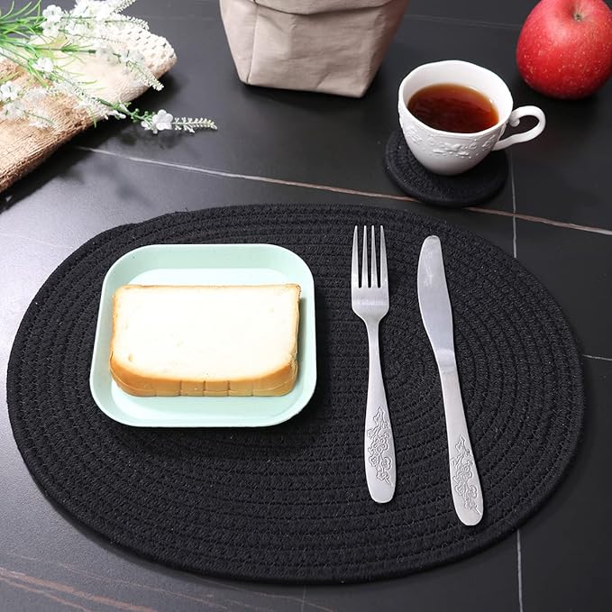 4 Pack Oval Woven Placemats and Set of 4 Round Fabric Coasters, Heat-Resistant Non-Slip Tablemats Woven Washable Charger Plates for Table Decoration (Black)
